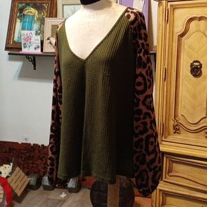 Women Blouse Animal Print long sleeve Plus sz 4 b78 Olive Green Lightweight